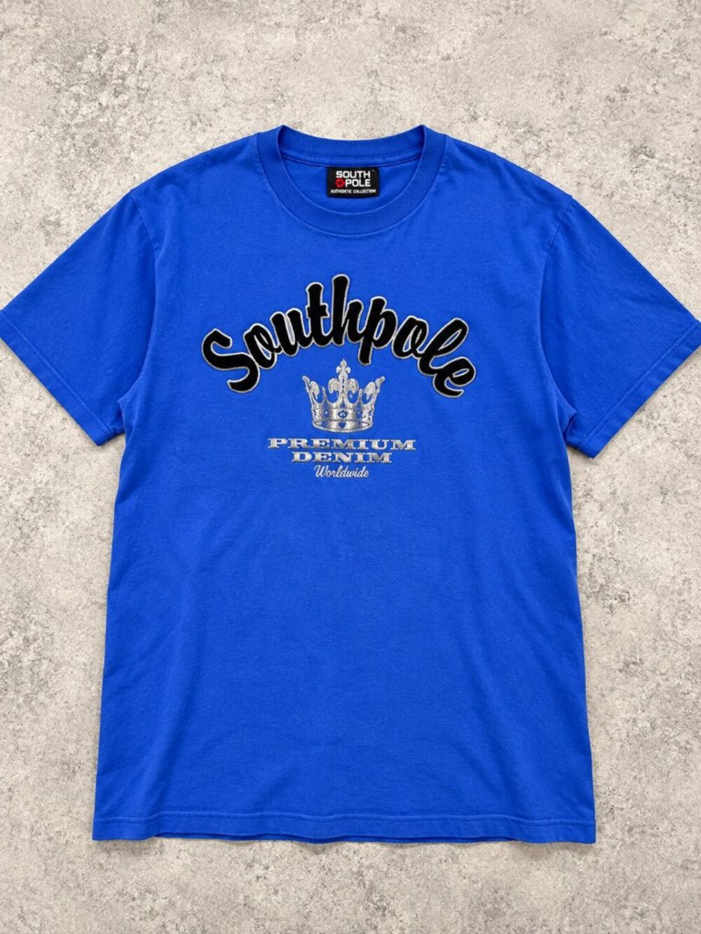 Vintage 2000s Southpole Y2K Velvet Spellout Crown Graphic Tee Blue XL Hip Hop